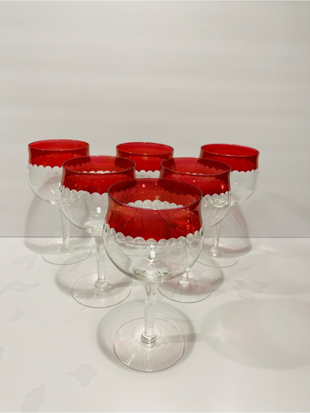 Vintage 1950’s Czech Crystal Cranberry Cut Dots Wine Glasses Set of 6
